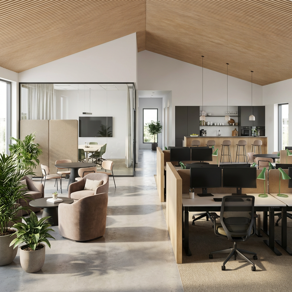 A modern open-plan office with desks, lounge seating, a kitchenette, and a slatted wood ceiling.